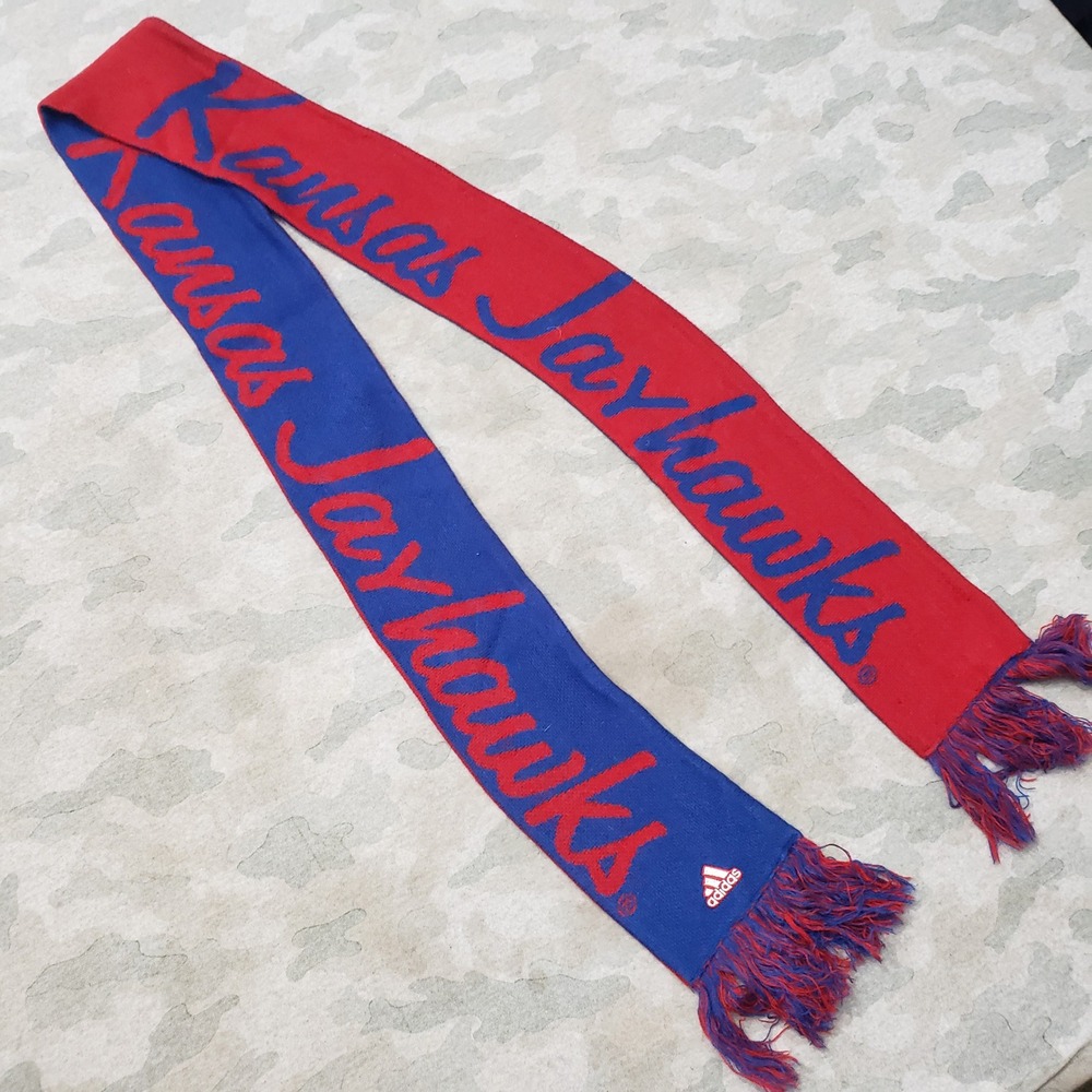 Kansas Jayhawks Scarf Mens OSFA Blue Red Knit Fringed NCAA Fan Gear Adidas